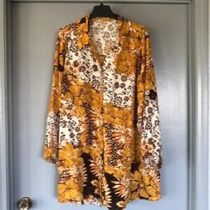 Susan Graver Button Front Women's Top Shirt Gold Floral Sz 2X Long Sleeves Patch